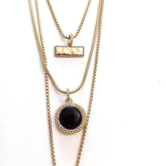 WHBM Gold Tone 3 Necklace In One Black Stone Pendants With Rhinestones NWT NEW - Picture 3 of 6